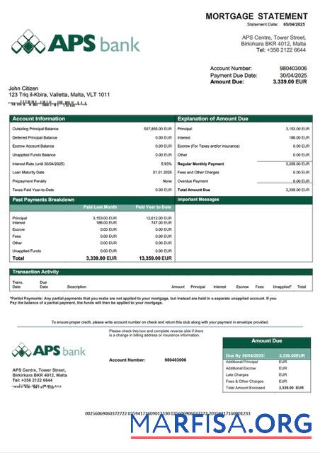 Blank Malta APS Bank PLC mortgage statement Word and PDF template